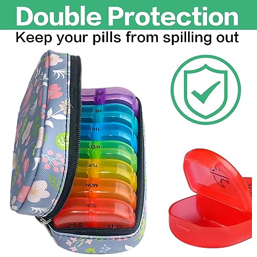 Image of Serfeymi Weekly Travel Pill Organizer 2 Times A Day AM PM Upgraded Rainbow Pill Box 7 Day with Portable Zipper PU Leather Pill Case, Medicine Organizer for Pills, Vitamins, Fish Oils - Floral 02
