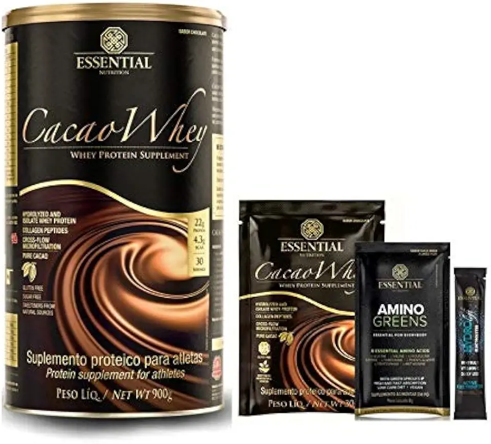Cacao Whey Lata 30 doses + 4 Amostras Sortidas - Essential Nutrition