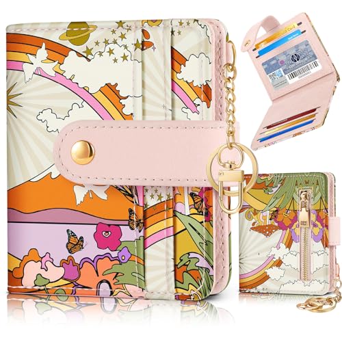 Image of Bistup Small Card Wallet for Women with Keychain, Rainbow & Sun | Clear ID Window, Compact Design for Daily Carry, Durable Material, Sturdy Keychain, Aesthetic