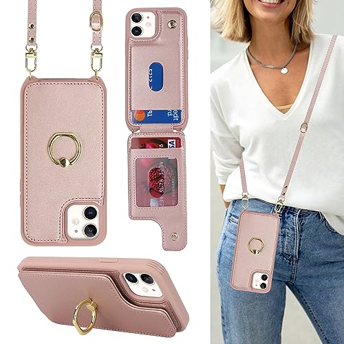 Image of for iPhone 12 Mini Case with Card Holder and Strap for Women,Crossbody Lanyard,Kickstand Ring Stand,Snap Clasp,RFID Blocking,Phone Wallet Cases 5.4 inch(Rose Gold)