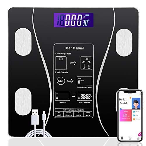 ouMandis Bluetooth Body Fat Scale Smart Bathroom Scales for Body Weight Fitness Health Scale Auto Monitor Body Weight,Fat,BMI,Water,BMR,Muscle Mass with Smartphone APP,USB Charging,396 lb - Black