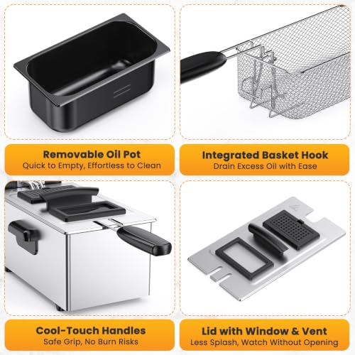 Image of NEWBULIG Deep Fryer with Basket, 3 Liter Electric Deep Fryer with 1500W Power, Adjustable Temperature, Lid with Viewing Window for Fried Chicken, Shrimp, French Fries, Silver