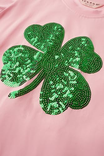 Image of Girls' St. Patrick's Day T-Shirt, Pink with Green Sequin Shamrock, Short Sleeve