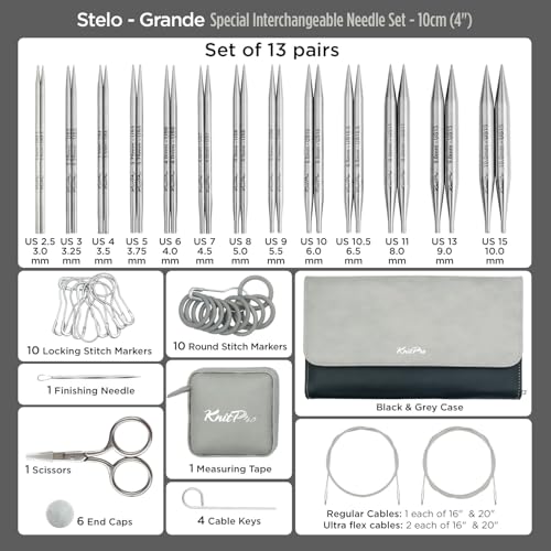 Image of KnitPro Stelo Grande Special Interchangeable Needle Set 4 inch (10cm) | 13 US Sizes (2.5 to 15)