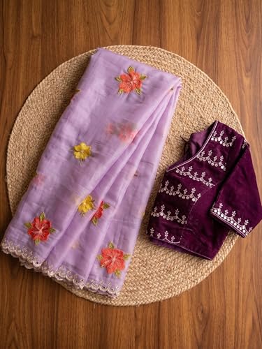 Image of Handcrafted Floral Embroidered Saree with Contrast Blouse