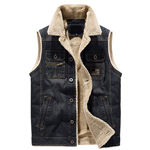 Men's Casual Button-Down Denim Vest Trucker Winter Jean Jacket, Front Rugged Sherpa Lined Denim Trucker Warm Jackets (Color : Black, Size : M)