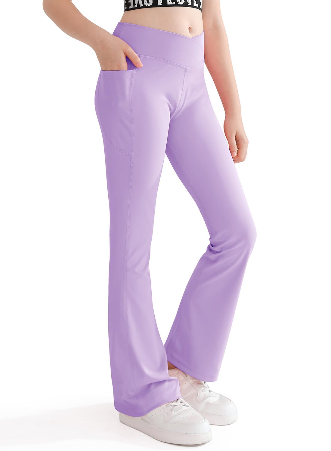 Nutyomi Girls Flare Yoga Leggings Cross High Waisted Flared Pants Dance Cute Activewear Kids Pants with Pockets 5-13 Years