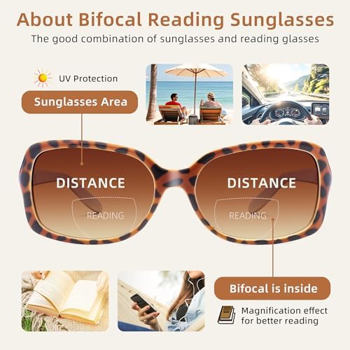 JM Classic Bifocal Reading Glasses Square Stylish Gradient Sunglasses Readers for Women +2.5 Black&Tortoise - 2