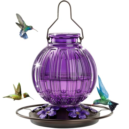 Glass Hummingbird Feeder for Outdoors Hanging Bird Nectar Feeder with Perch & 5 Flower Feeding Ports 26 Oz Leak Proof for Outside Garden Decor Backyard Gifts for Women Mom Purple
