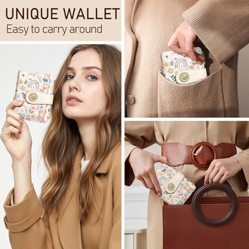 Image of Kelvoris Rainbow Flower Floral Small Rfid Women Wallet Zipper Coin Pocket | Bifold PU Leather Compact Cash Credit Card Holder Travel Purse for Female Ladies Teen Girls 1 ID Window 10 Card Slots
