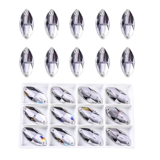 SWTHONY 24pcs 15 x 32mm Clear Horse Eye Shaped Sew On Rhinestones for Crafting, Crystal Glass Gems Silver Plated Flatback Jewels with 2 Holes for Crafts Clothes Fabric