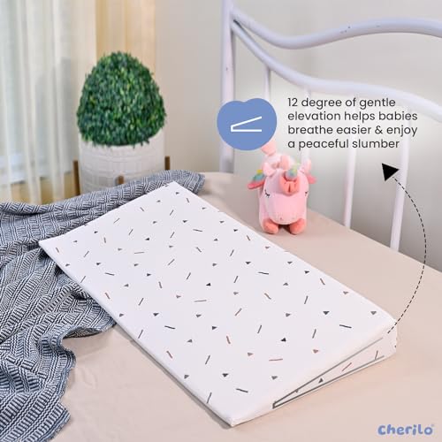 Image of Cherilo Full Size Elevated Wedge Pillow for Baby Crib & Mattress, Elevate Baby to Prevent Acid Reflux, Colic, GERD, Heat Burn, 28 inch x 14 inch x 3.5 inch - with Removable Cover - Triangle Design - White