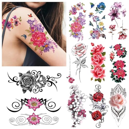 LEADTEAM 12 Hojas Tatuajes Temporales Adultos, Tatoos Temporales Adultos de Rosas, Calcomanias Tatuajes Falsos Niñas para Fiestas