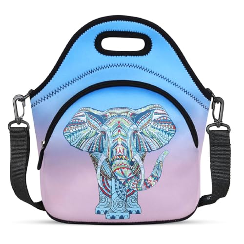 Bolsa de almuerzo de neopreno aislada con diseño de unicornio y niebla violeta, grande, con bolsillo adicional, impermeable, desmontable, ajustable