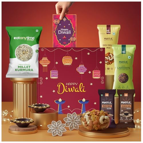 Image of Eat Anytime Diwali Dhamaka Hamper | 11 Items Diwali Gift Box with Dry Fruits, Chocolates, Date Laddoos, Roasted Namkeen, Beautiful Diyas, Rangoli, Lights & more | Perfect Family & Corporate Gifting