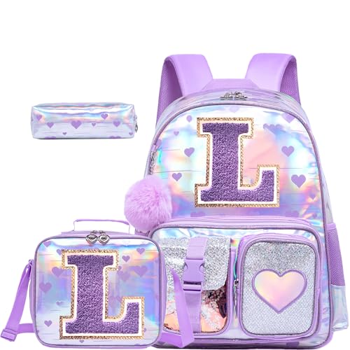 HTgroce Mochila para meninas do ensino fundamental para escola, conjunto de mochila para meninas, personalizado, letra L, bolsa de livros pré-escolar com lancheira estojo de lápis