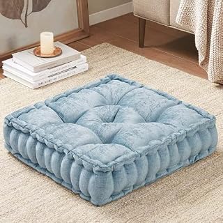 Intelligent Design Azza Floor Pillow Square Pouf Chenille Tufted with Scalloped Edge Design Hypoallergenic Bench/Chair Cushion, 20"x20"x5", Aqua