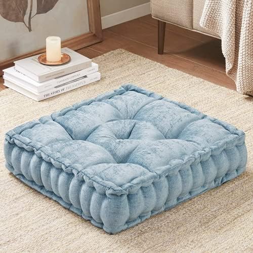 Intelligent Design Azza Floor Pillow Square Pouf Chenille Tufted with Scalloped Edge Design Hypoallergenic Bench/Chair Cushion, 20"x20"x5", Aqua
