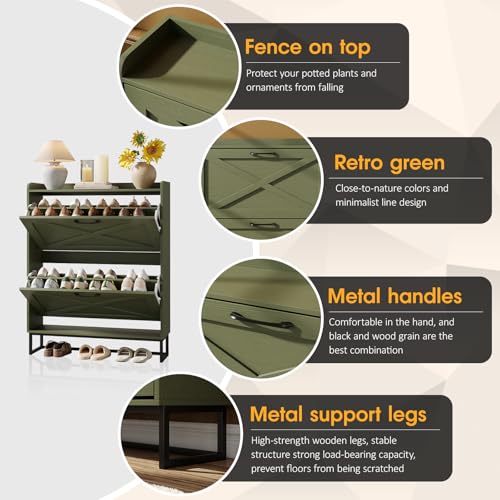 Image of Maupvit Shoe Storage Cabinet with 2 Flip Drawers, Freestanding Shoe Organizer with Metal Legs for Entryway, Narrow Shoe Rack Cabinet, Green