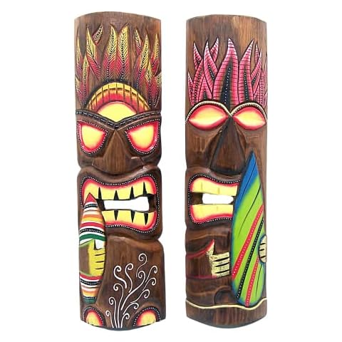 Hand Crafted Hawaiian Style Surfer Tiki Masks, Wall Décor, Set of 2 Assorted Colors Cover
