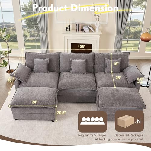 108" U Shaped Couch, Modular Sectional Sofa, 3-Seater Comfy Cloud Couch with Movable Ottoman, Deep Seat Couches for Living Room, Chenille, Slate