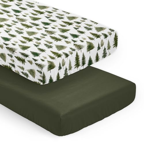 Image of Sweet Jojo Designs 2-Piece Baby Crib Sheets Set (Green Woodland Tree) for Boys or Girls, Infant Nursery, Toddler Room - Standard Size (Neutral, Solid, Forest Pine Trees, Wilderness, Christmas Fir)