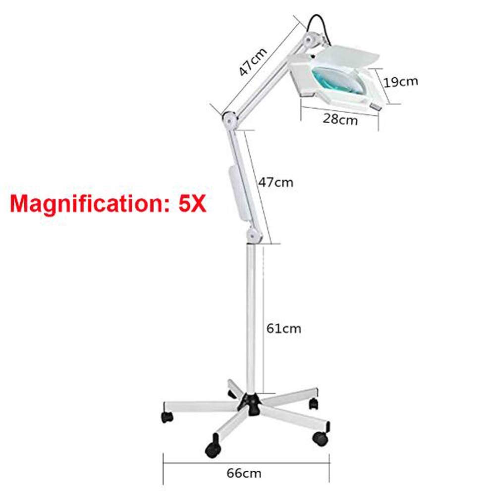 Lupa, 5X kwadratowa lupa LED Lampa z ruchomym stojakiem podłogowym Regulowane ramię obrotowe Lupa kosmetyczna Lampa do tatuażu Składany salon bezcieniowy Spa Paznokcie Skóra, bia(