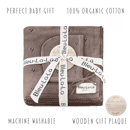 Image of Baby Gift Set - Organic Cotton Newborn Blanket Essentials, Newborn boy Gifts, Baby boy Gifts for Baby Shower (Pointelle - Milk Chocolate)