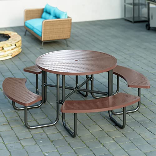 Round Steel Commercial Metal Picnic Table 46" For Outdoor, With Umbrella Hole Of Up To 1-1/2" Diameter, Brown #TOP1