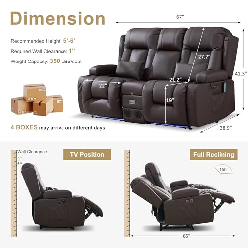 Image of URRED Power Loveseat Recliner Sofa with Massage and Heat, Wall Hugger Reclining Loveseat with Console, RV Couch Home Theater Seating with LED Lights for Living Room (Dark Brown, 67 inch - 2 Seats)