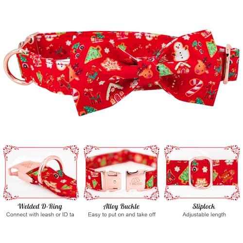 Image of Tunkoo Christmas Dog Collar with Elegant Bow Tie Soft Comfy Cotton Adjustable Collar, Premium Metal Buckle for Puppy and Cat Small Medium Large (Christmas C, M)
