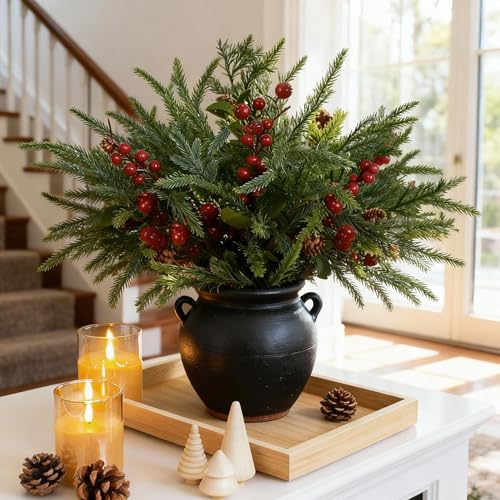 Branches de pin artificielles de Noël avec baies rouges, lot de 12 de 45 cm pour vase