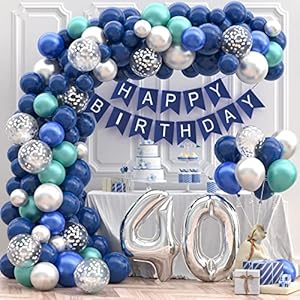 40. Geburtstagsdeko, Luftballons Girlande 40 Geburtstag Männer Frau mit Blau Silber Luftballons 40. Happy Birthday…