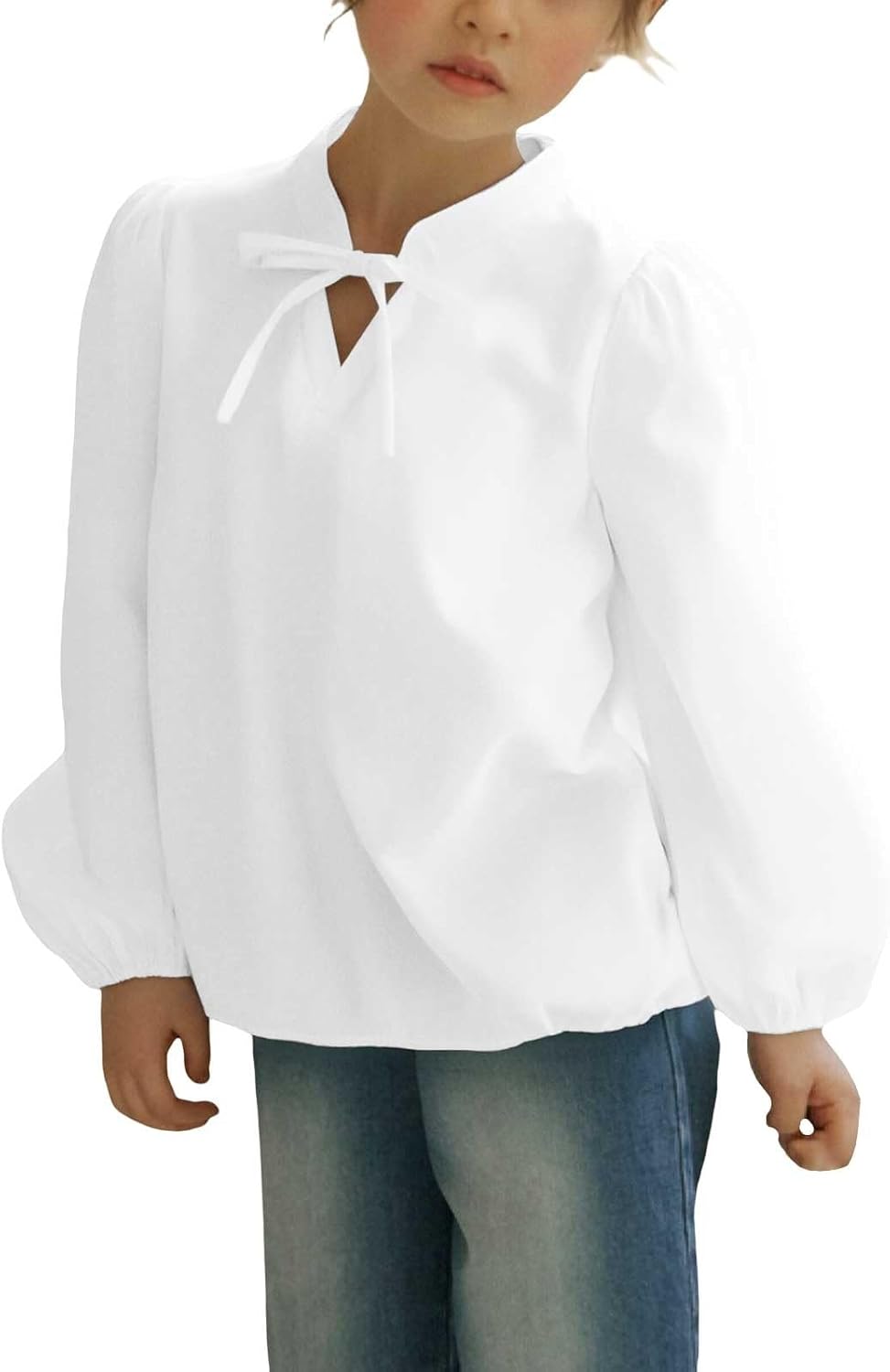 Teen Girls Ruffled Blouse Puff Long Sleeve Tops Mandarin Collar Dress Shirts Oversized V-Neck Blouse Dressy Casual Tops