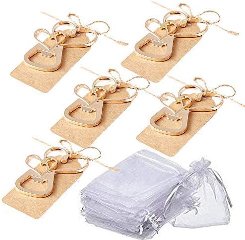 Paquete de 25 abrebotellas de doble corazón dorado con etiqueta Kraft y bolsa de recuerdo, regalo de boda para invitados, recuerdos de boda, baby