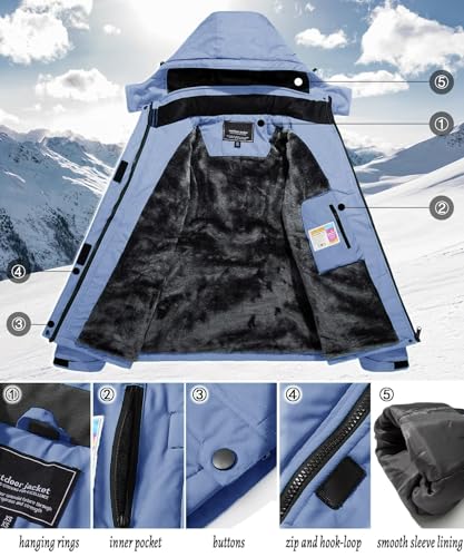TACVASEN Damen Winddicht Wasserdicht Funktionsjacke Winter Wandern Outdoorjacke Arbeitsjacke Funktionsjacken Hiking mit Taschen, Hellblau, XXL