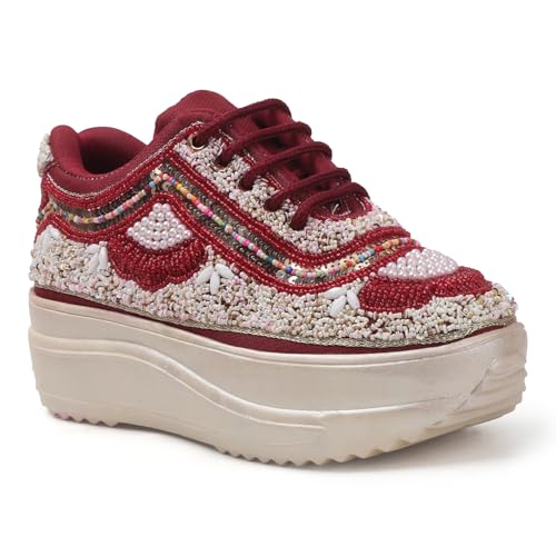Image of LENSBURY Women Hand Embroidery Wedding Party Bridal Floral High Heel Sneakers I Cushioned Insole I Comfortable Wear Wedge Shoes I for Ladies and Girls LBCNV4037