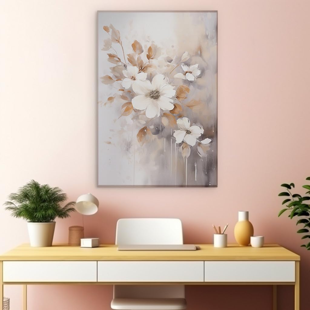 Canvas for Living Room. Whispers of Nature: an Abstract Exploration Through White Blooms and Earthy Tones, 27 x 18 inch Canvas Wall Art - Contemporary Masterpieces - Modern Home Decor