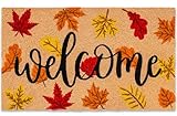 JarThenaAMCS Fall Natural Coir Door Mat Maple Leaves Welcome Floor Mat Non-Slip Entrance Door Rug for Autumn Thanksgiving Indoor Outdoor Bathroom, 16.5 x 29.1in