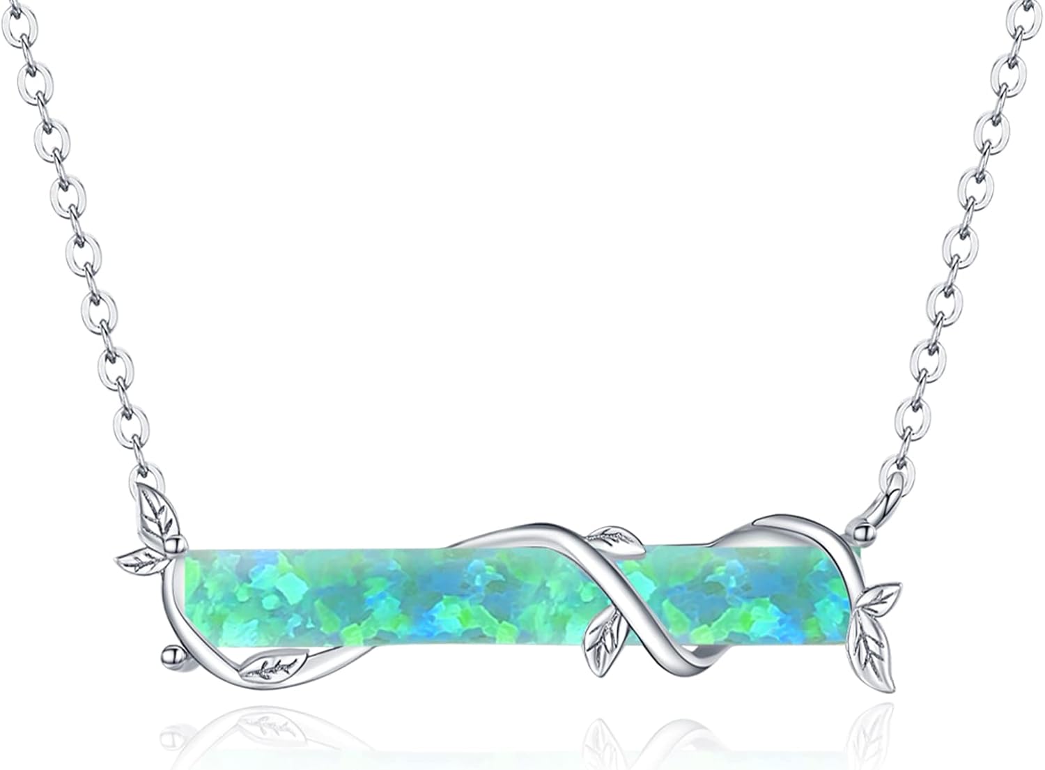 Horizontal Bar Necklace Sterling Silver Leaf Bar Pendant White/Blue/Green Opal Necklace Opal Jewelry Gifts for Women Teen Girls