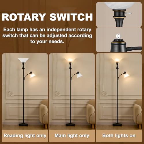 Image of Torchiere Floor Lamp with Adjustable Angle Reading Lamp-Black 71IN