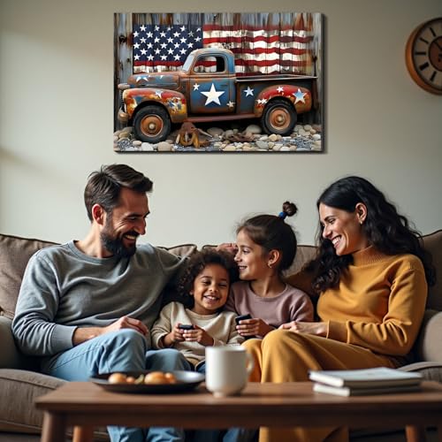 Image of Framed Rustic American Flag Vintage Truck Wall Art, Patriotic Farmhouse Canvas Art Pictures, Distressed USA Wall Decor for Garage Man Cave Living Room, Ready to Hang Made in USA