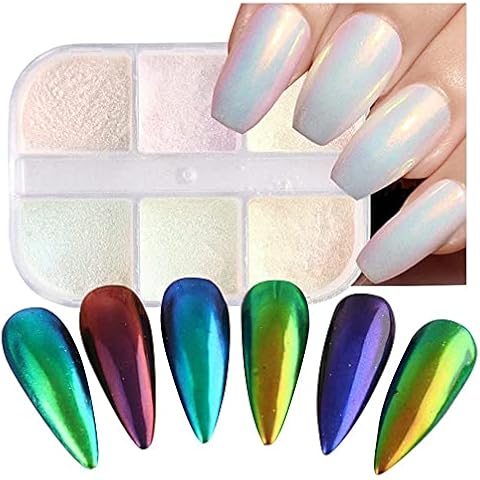 Chrome Nail Powder 6 Colors Mirror Laser Aurora for Resin Set, Metallic Iridescent Mica Nail Mirror Multi-Chrome Iridescent Nails Powder Manicure Pigment Cover