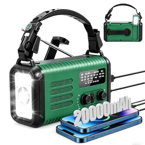 Radio d'urgence 20000 mAh, Radio Solaire à manivelle AM/FM/NOAA, avec Chargeur de téléphone Portable, Alarme SOS, Lampe de Poche et Lampe de Lecture pour...