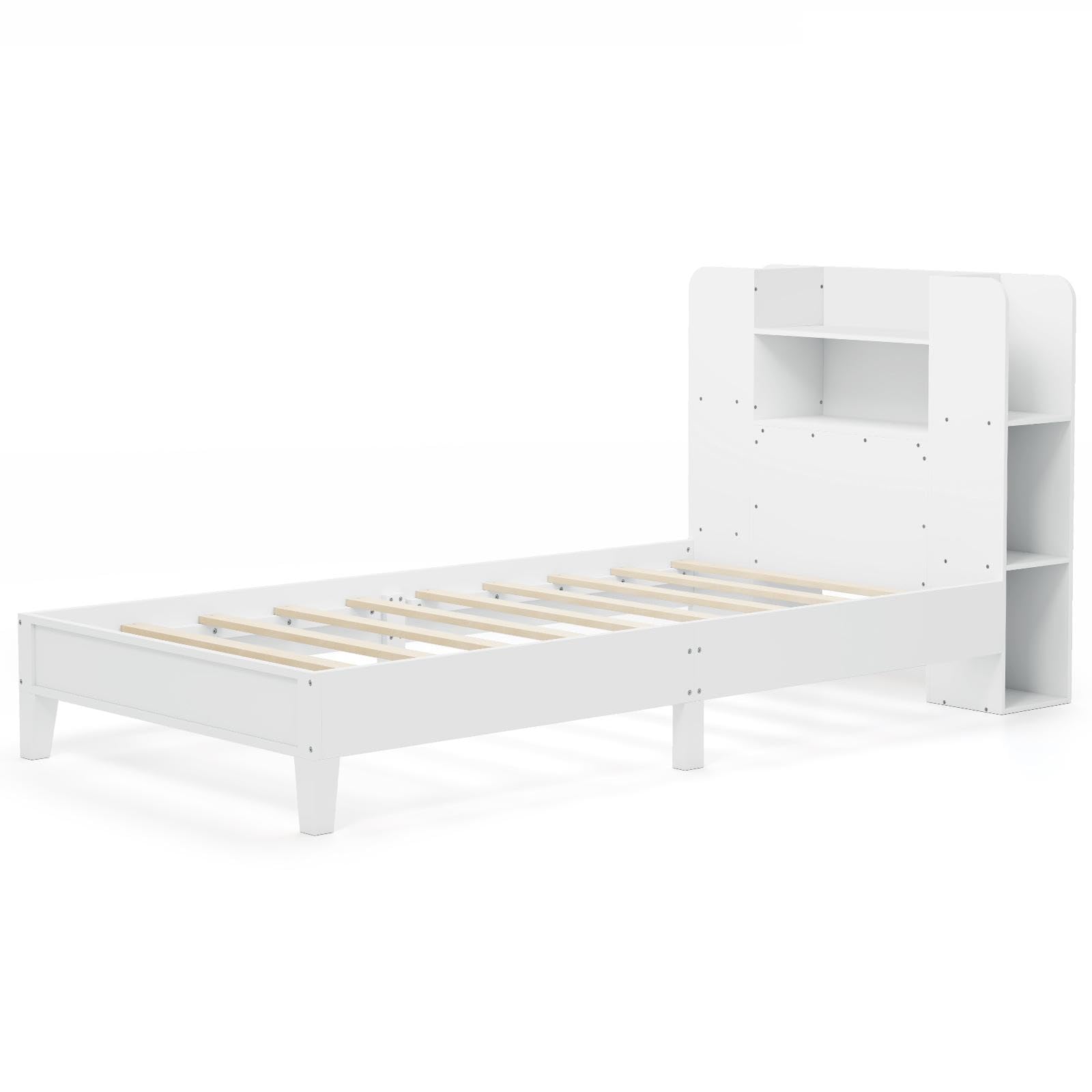 COSTWAY Twin Bed Frames with Storage Headboard, Kids Bed Frame with Plywood Slats Support, No Box Spring Needed (White)