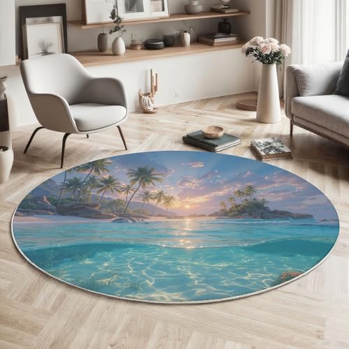 Tapis de chambre lavable rond 100cm imprimé tropical turquoise antidérapant - 5