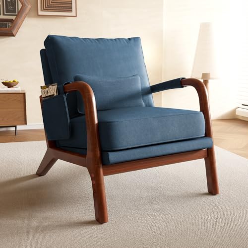 AILIUHUA Mid Century Modern Accent Chair with Pillow & Pocket, Upholstered Armchair with Solid Wood Frame & Soft Cushion for Living Room, Bedroom, Belcony, Sunroom (1, Blue)