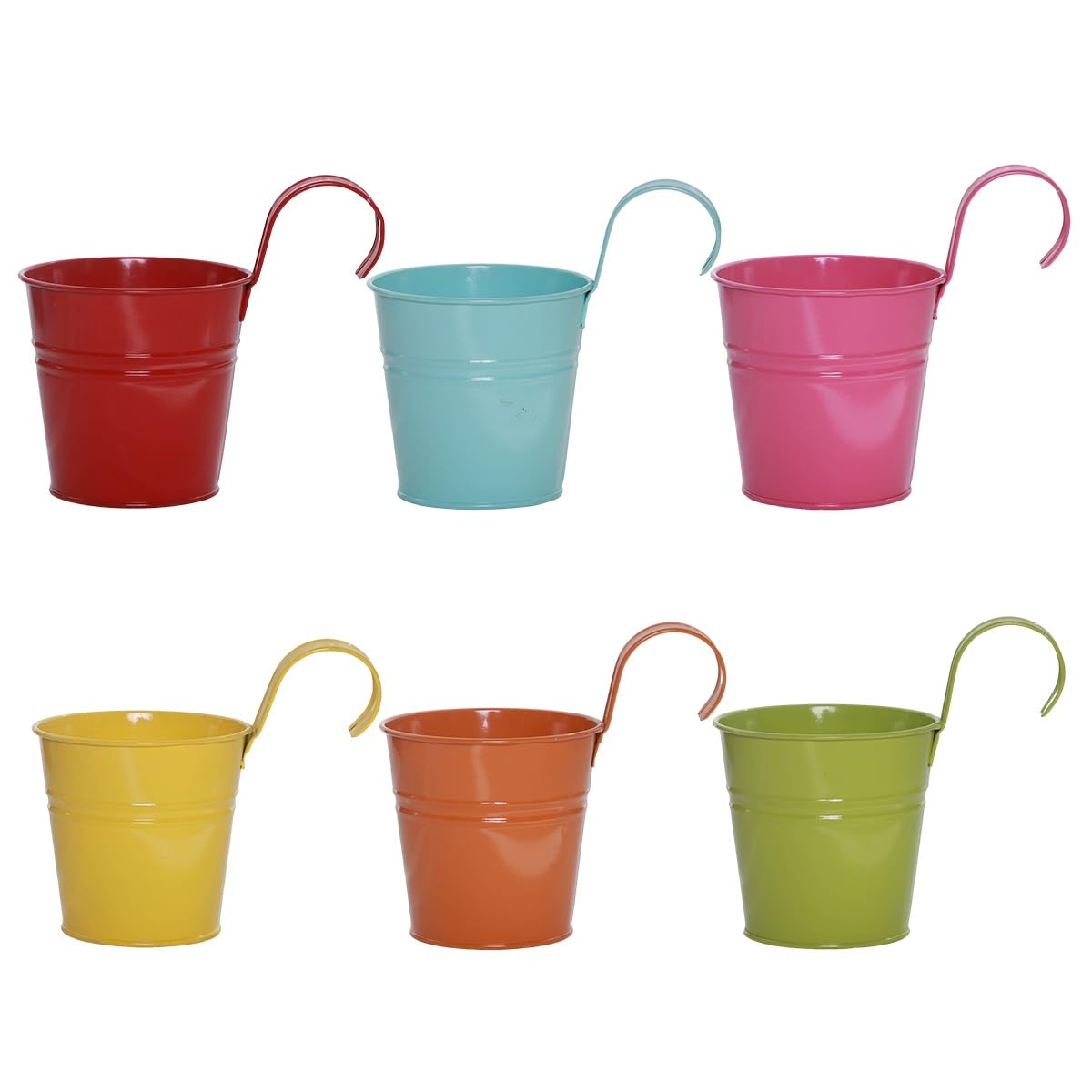 Meklitrz Multi-Colored 6Pcs Vintage Hanging Flower Pots Metal Iron Bucket Planter Plant Pots With Detachable Hook For Fence Balcony Garden Wall Home Decor Outdoor Patio, With Drainage Hole(Multi-Colored)
