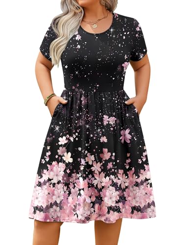 IN'VOLAND Womens Plus Size Summer Dress Short Sleeve Casual Mini Dresses Empire Waist T-Shirt Dress with Pockets