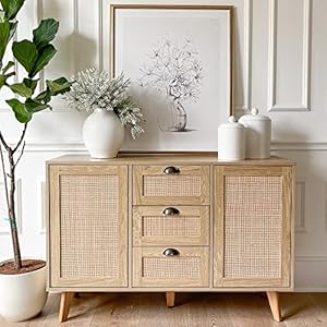 PHI VILLA Rattan Cabinet Sideboard Buffet CabinetAccent Cabinet with Doors and Drawers Rattan Console Table
